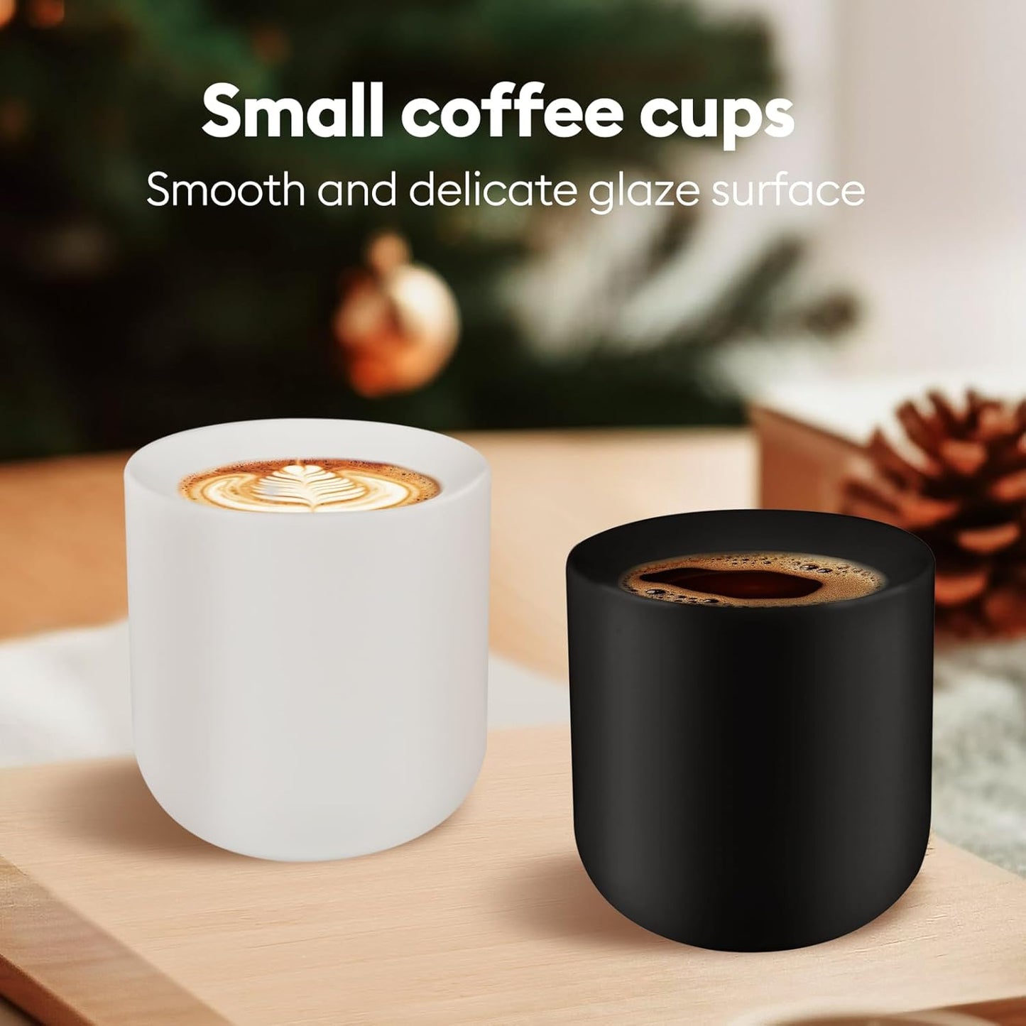 A set of 2 matte black ceramic espresso cups, thickened cup walls, slanted mouth design, each with a capacity of 3 ounces, hand washable only