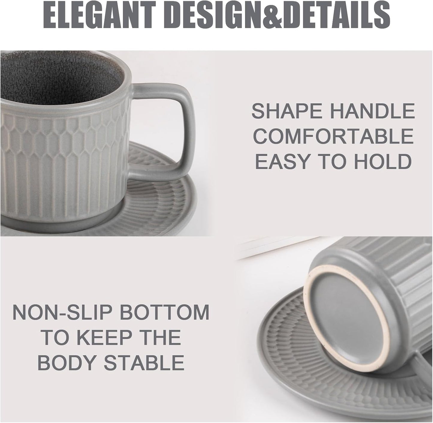 Large Cappuccino Cups with Saucers Set of 4, 8 Ounce Stackable Embossed Ceramic Coffee Mugs for Specialty Coffee Drinks, Latte, Cafe Mocha and Tea, Dishwasher & Microwave Safe (Grey)