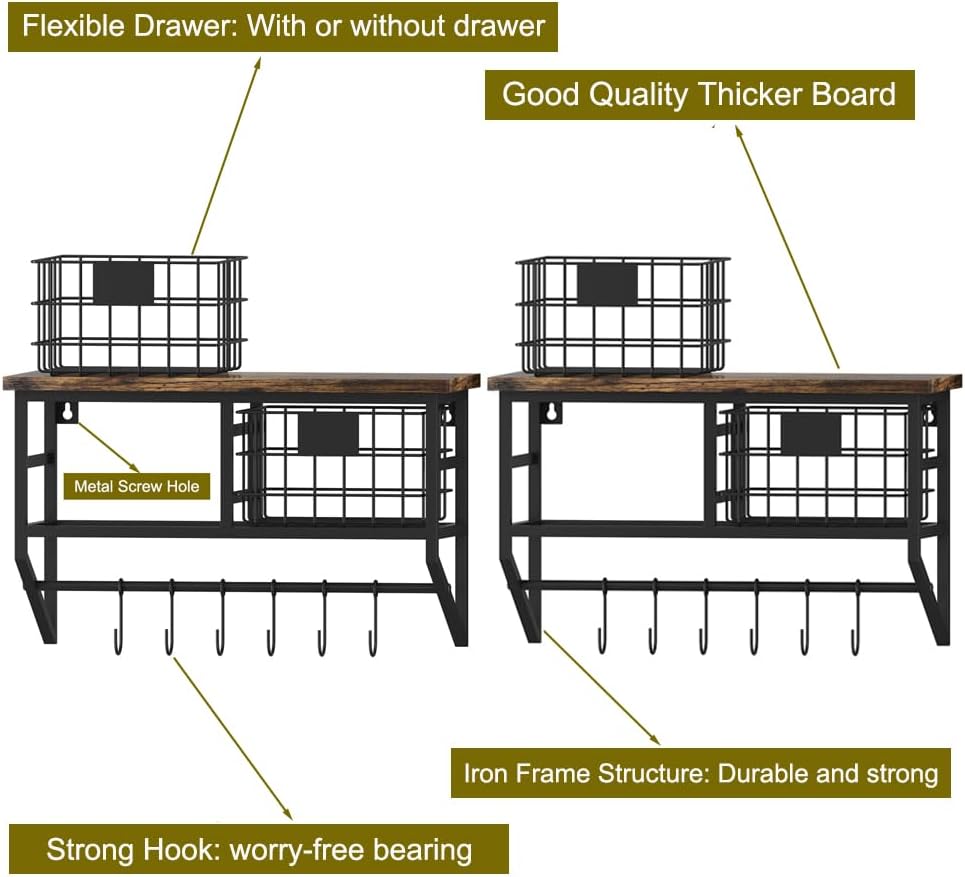 Helsin Industrial Wall Mounted Metal Wood Floating Shelves with Baskets Hooks Hanging Display Shelf Sundries Holder for Coffee Bar Kitchen Bathroom Organization and Home Decor, Black (16inch, 2 Sets)