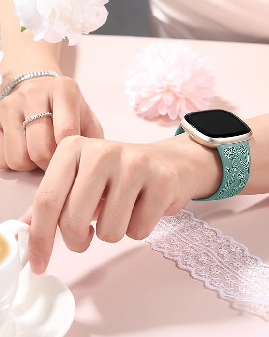 SNBLK 2 Pack Engraved Bands Only Compatible with Fitbit Versa 3/Fitbit Sense/Fitbit Versa 4/Fitbit Sense 2 Bands Four Models, Sunflower Rose Elegant Soft TPU Floral Pattern Replacement Strap Women