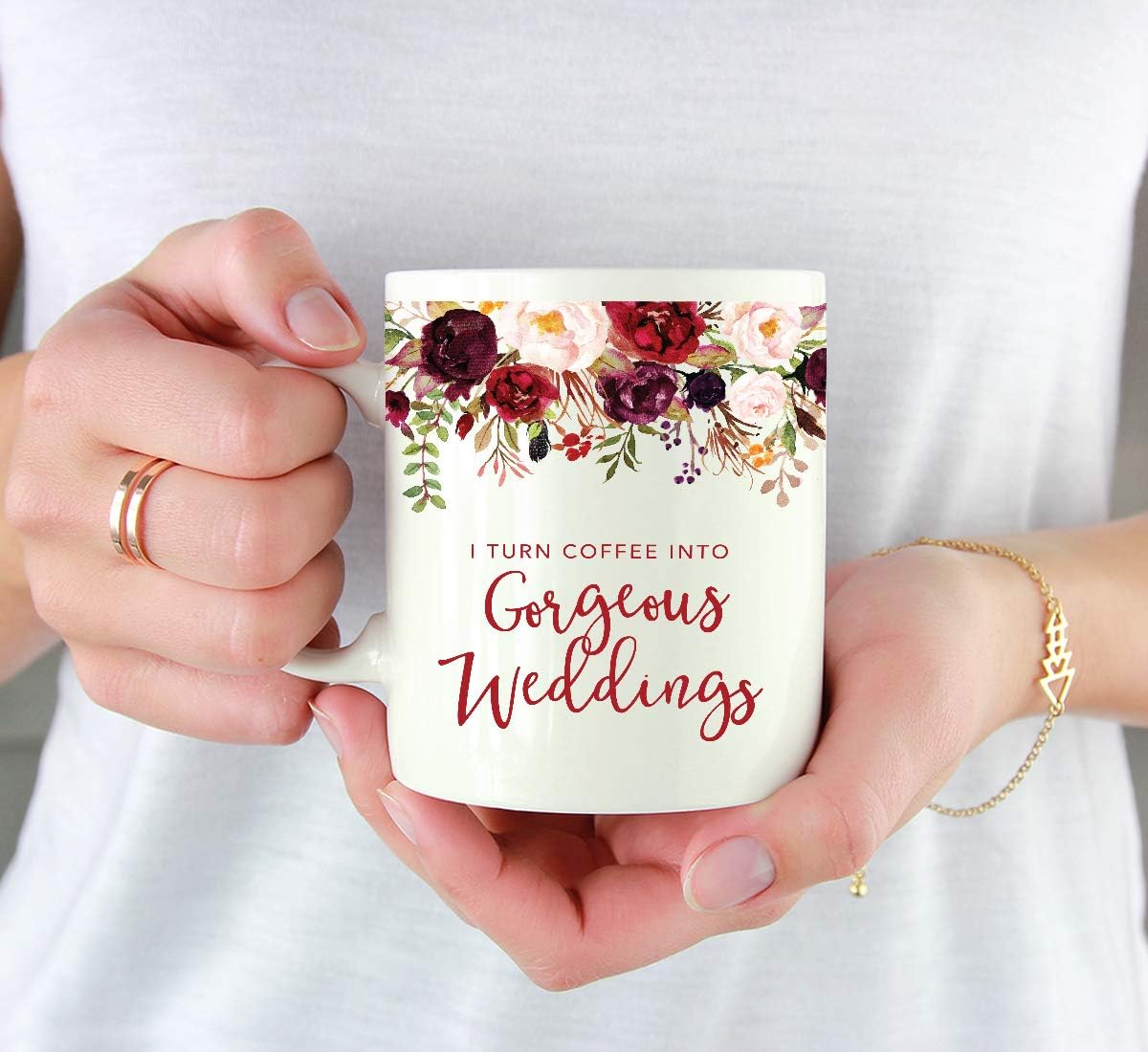 Andaz Press 11oz. Wedding Ceramic Coffee Tea Mug Gift for Wedding Planner, Fall Autumn Marsala Burgundy Flowers Roses Florals, I Turn Coffee Into Gorgeous Weddings, 1-Pack, Includes Gift Box