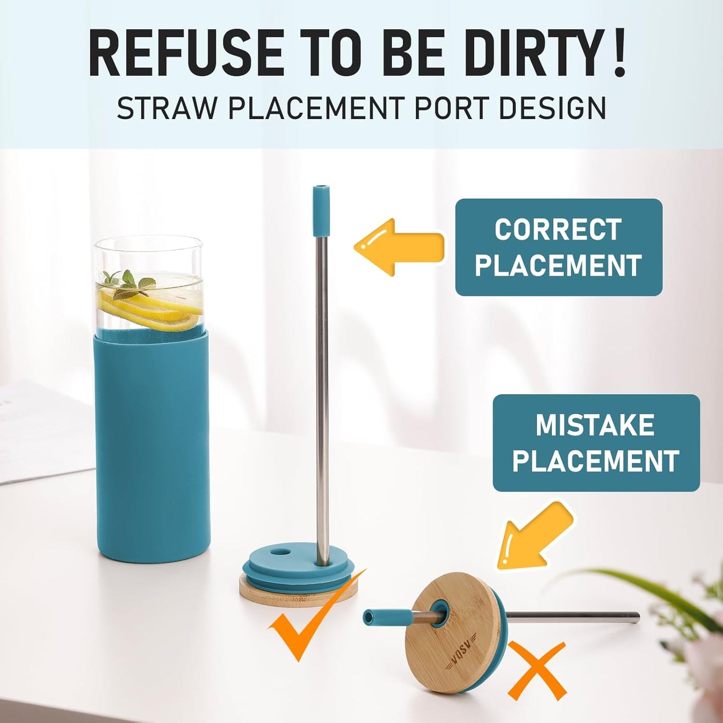 Glass Tumbler w/Lids & Straw - 24oz Reusable Mug w/Bamboo Lid & Stainless Steel Straw - BPA-Free, Leak-Proof, Dishwasher Safe for Coffee, Smoothies, Hot Beverages, Travel, Office, Home Use，4-PK