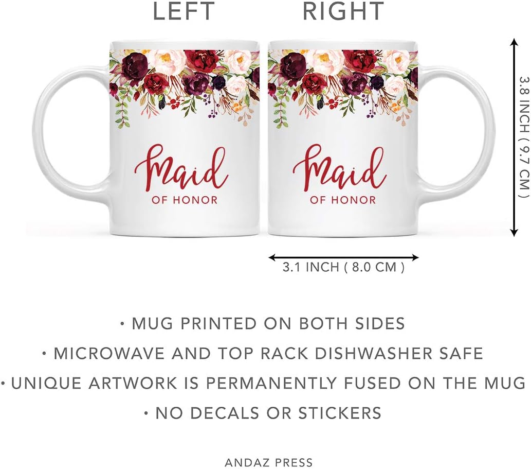 Andaz Press 11oz. Wedding Ceramic Coffee Tea Mug Gift, Fall Autumn Marsala Burgundy Flowers Roses Florals, Maid of Honor, 1-Pack, Includes Gift Box
