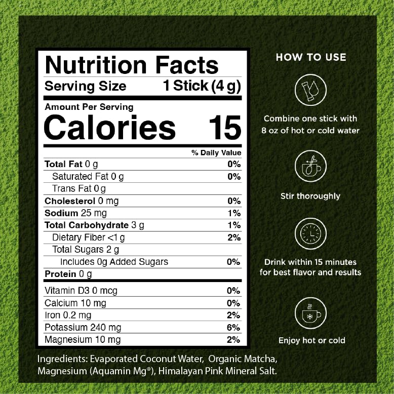 VitaCup Hydration Matcha Instant Packets, for Natural Energy and Detox, w/Electrolytes, Ceremonial Grade Organic Matcha, Coconut Water, Pink Himalayan Salt, Magnesium, in Single Serve Sticks, 10 Ct