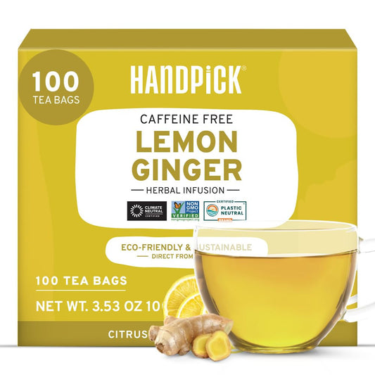 HANDPICK, Lemon Ginger Herbal Tea - 100 Pyramid Tea Bags | 100% Natural Ingredients, Tasty & Citrusy Hand-made Blend of Lemon & Ginger | Caffeine Free, Gluten Free | No Artificial Ingredients