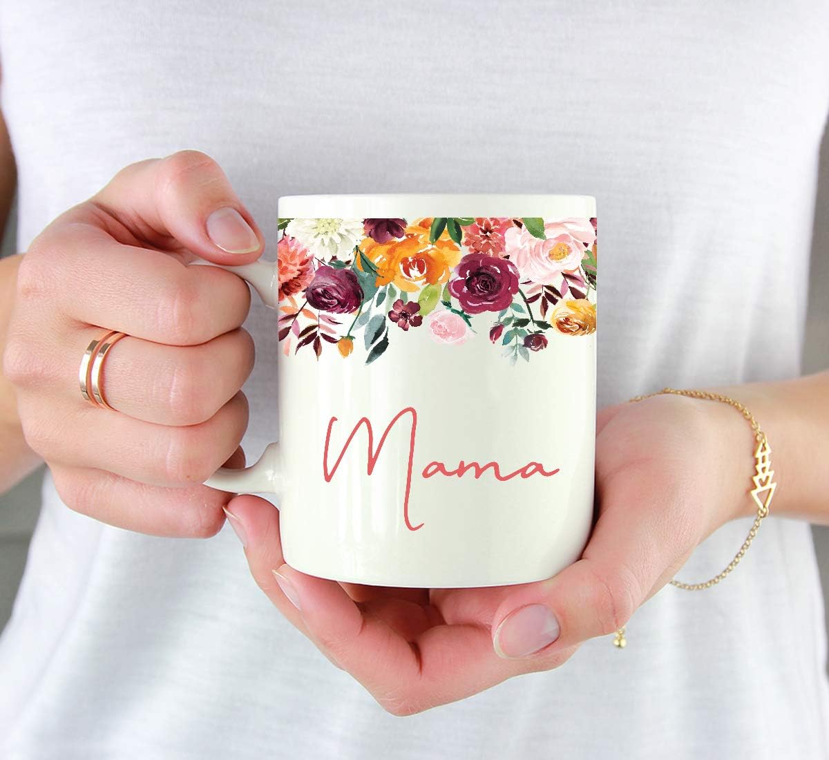 Andaz Press 11oz. Mother's Day Ceramic Coffee Tea Mug Gift, Fall Autumn Burgundy Orange Peach Flowers Roses Florals, Mama, 1-Pack