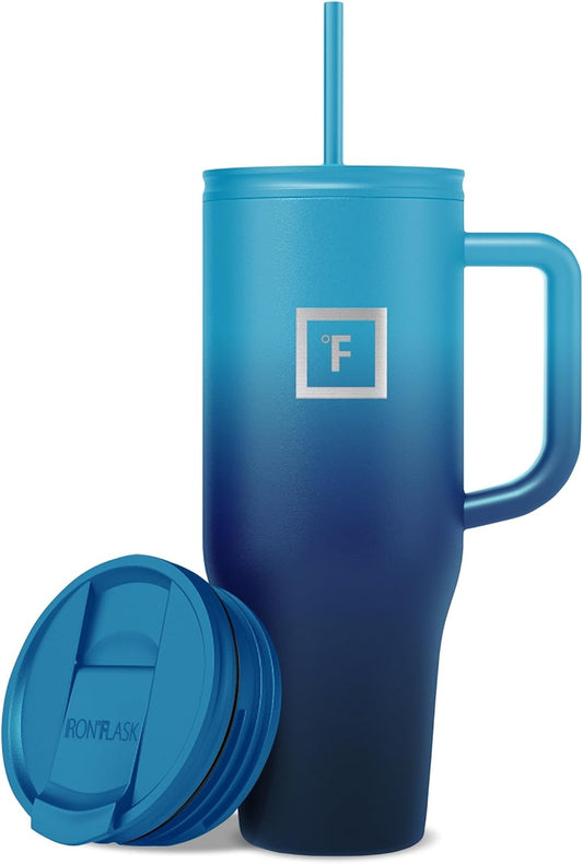 IRON °FLASK Co-Pilot Insulated Mug w/Straw & Flip Cap Lids - Cup Holder Bottle for Hot, Cold Drink - Leak-Proof - Water, Coffee Portable Travel Mug - Dark Night, 40 Oz