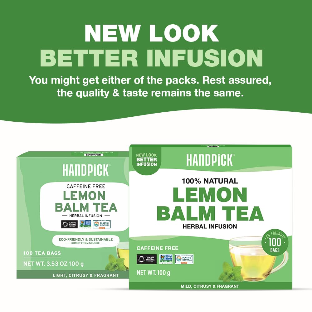 HANDPICK Lemon Balm Tea Bags – 100 Count | 100% Pure Natural Dried Lemon Balm Herb | Caffeine-Free Herbal Tea with Citrus Flavor & Aroma | Round Eco-conscious Teabags