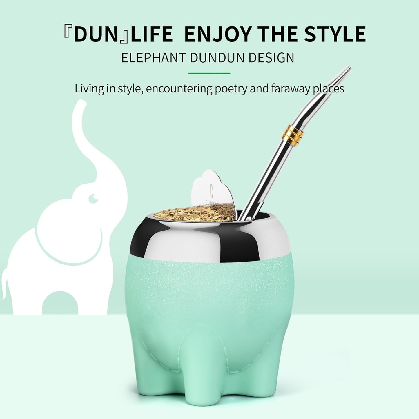 Premium Yerba Mate Cup 5 in 1 Set, Including Stainless Steel Gourd (Glitter Stars, Cute Elephant Style) Bombilla Straw, and Tea Shaper Set, 5.4oz, Gift for Women Drinking Coffee Tea Water