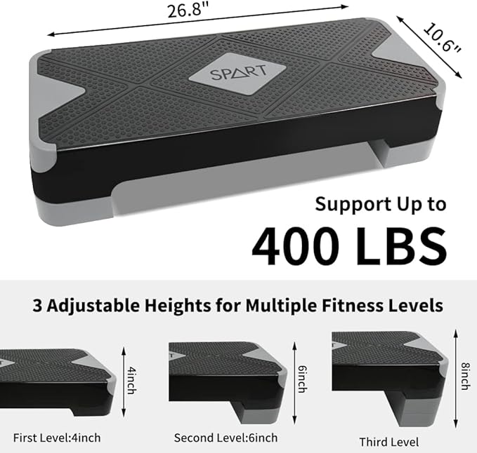 SPART Adjustable Workout Aerobic Stepper 4 Risers, 3 Levels 4" - 6" - 8", 26.77" 26.77" Trainer
