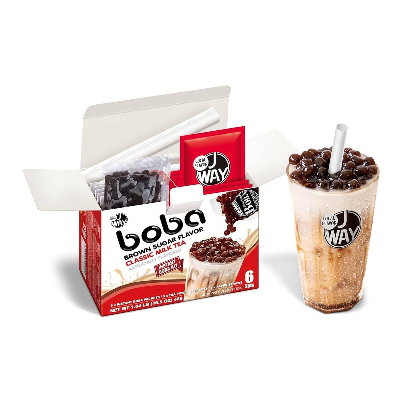 J WAY Instant Boba Bubble Pearl Milk Tea Kit with Authentic Brown Sugar Tapioca Boba, Ready in Under One Minute, Paper Straws Included - 6 Servings