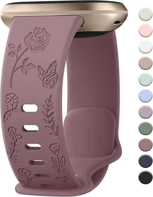 AK Floral Engraved Band Compatible with Fitbit Sense 2 / Sense Bands/Fitbit Versa 4 / Versa 3 Bands Women Men, Soft Sport Replacement Wristbands for Fitbit Sense 2 / Sense/Versa 4 / Versa 3 Smart Watch