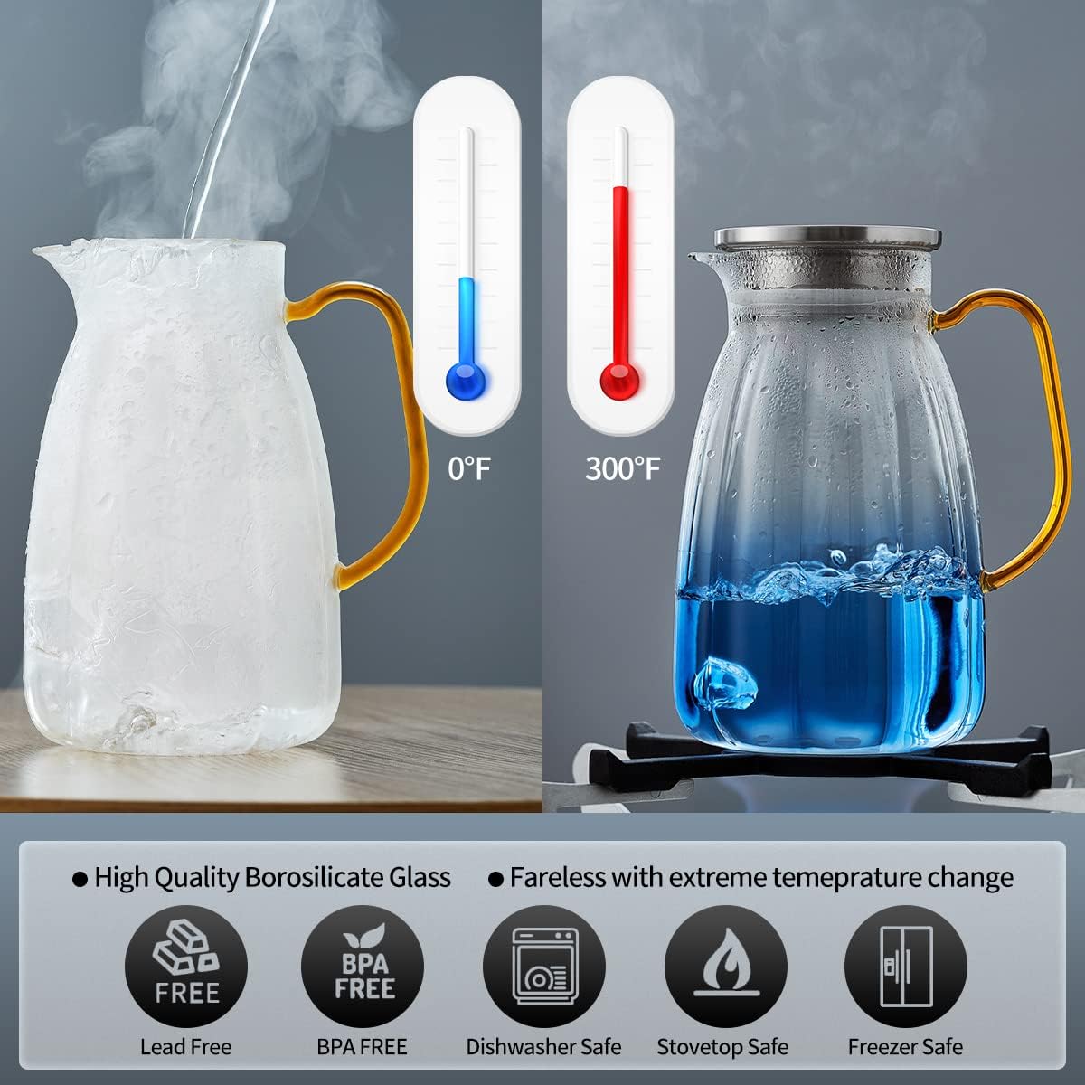 68OZ Glass Pitcher with Lid and Spout, Water Jug, 2000ml Carafe for Hot/Cold Water, Large Iced Tea Pitcher for Coffee, Juice and Homemade Beverage