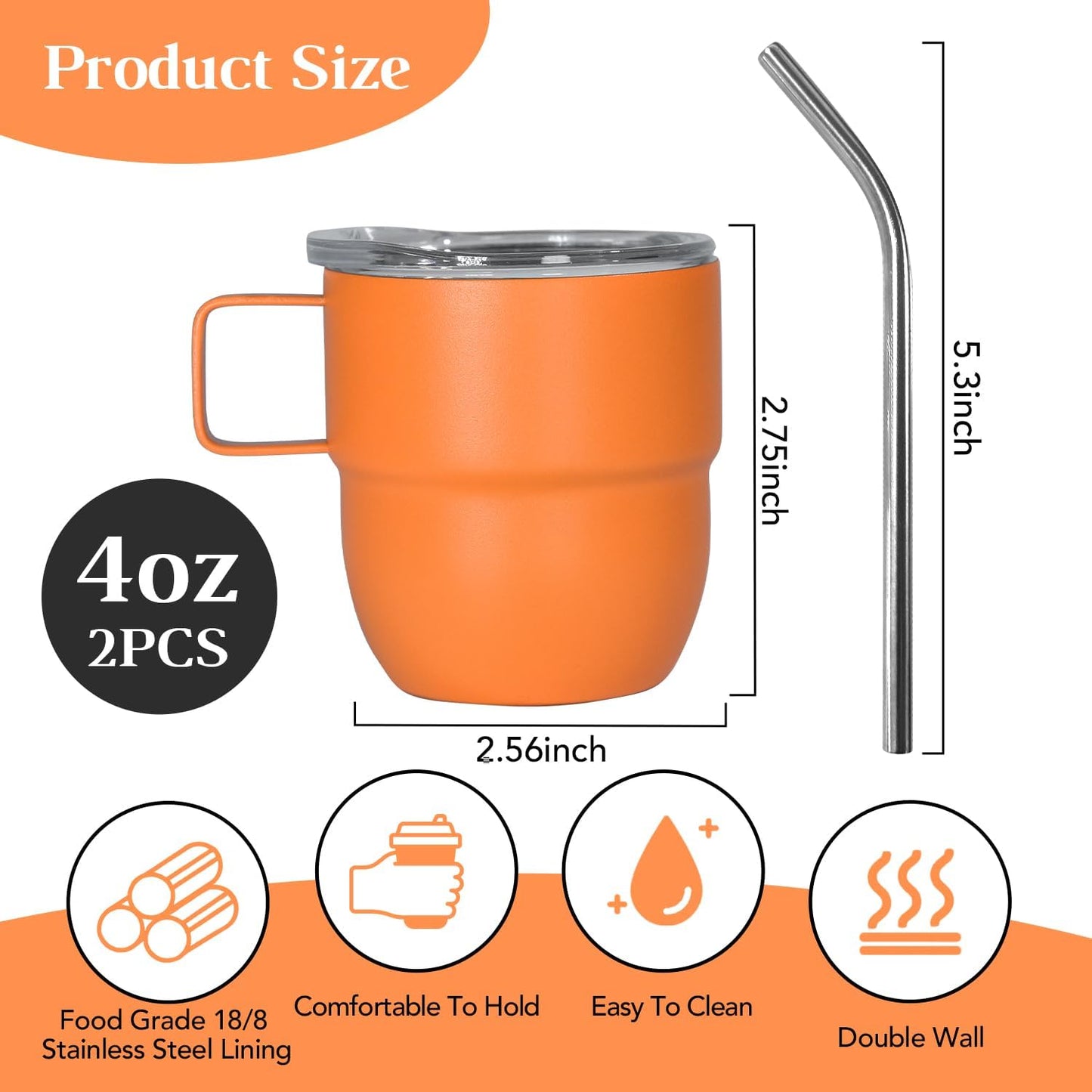 4oz Espresso Cup Set of 2, Insulated Espresso Mug With Lid and Straw, Espresso Shot Glasses with Handle, Double Walled Stainless Steel Small Expresso Shots Cup for Coffee