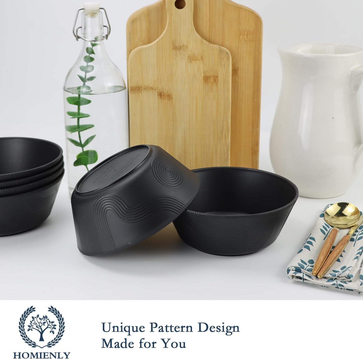 Homienly Cereal Bowl, Large Soup Bowl Set, Wheat Straw Bowl with Textured Design - 36oz Bowl Set, 6 PCS Microwave and Dishwasher Safe Bowls, Bowls for Kitchen, Serving Soup,Ramen,Pho,Salad - Black