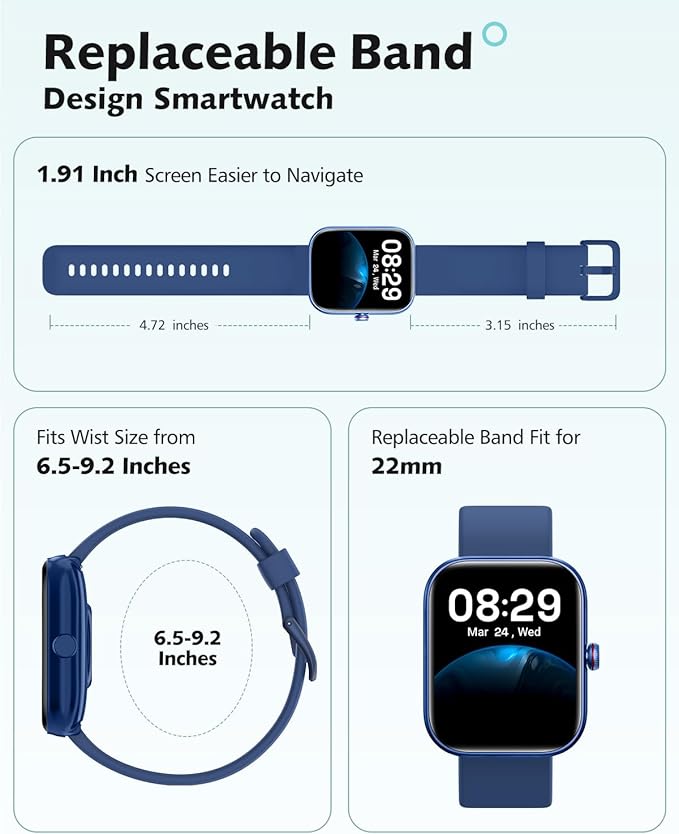 Smart Watch for Women and Men, Android & iPhone Compatible, Fitness Watch Bluetooth Call & Receive Text, Smartwatch with Alexa, Fits Wrists 6.5-9.2 Inches, Waterproof, Blue
