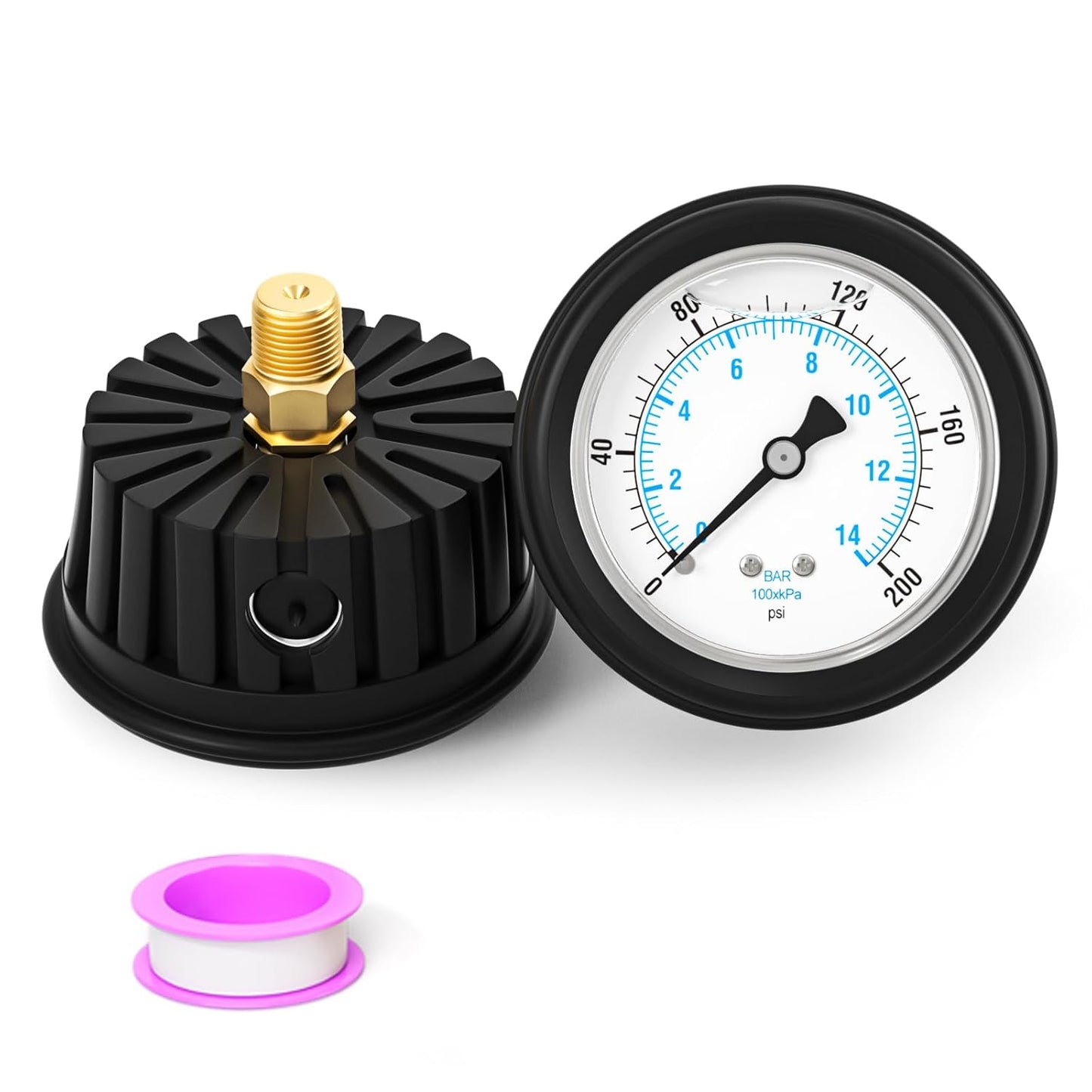 0-200PSI Stainless Steel Liquid Filled Pressure Gauge, 2.5" Dial Size, 1/4" NPT Back Mount, with Rubber Protective Sleeve, for Tube, Water Pump, Gas, Liquid, Pressure Test