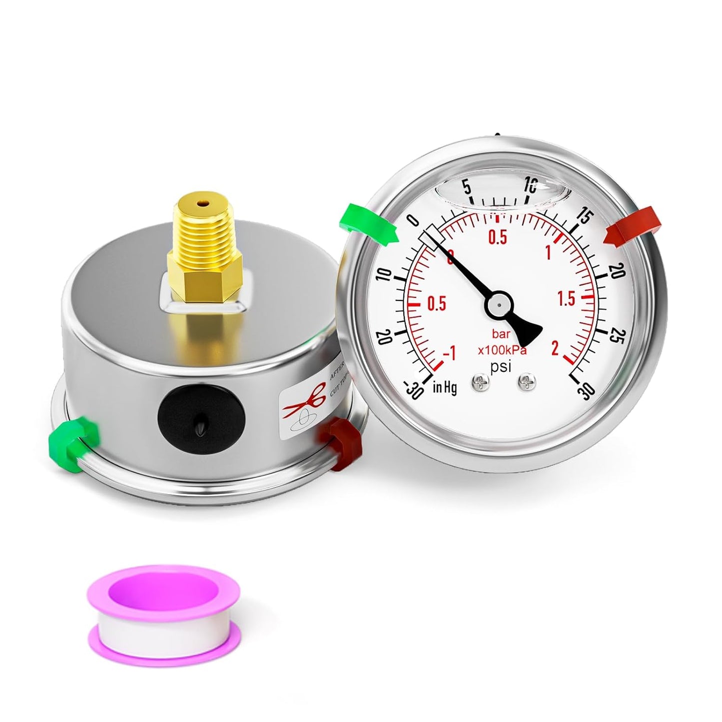 -30inHG-30psi Stainless Steel Glycerin Liquid Filled Vacuum Pressure Gauge 1/4" NPT 2.5" Face Dial Center Back Mount, for Water, Oil and Air Pressure Testing (with Range Mark Pointer)
