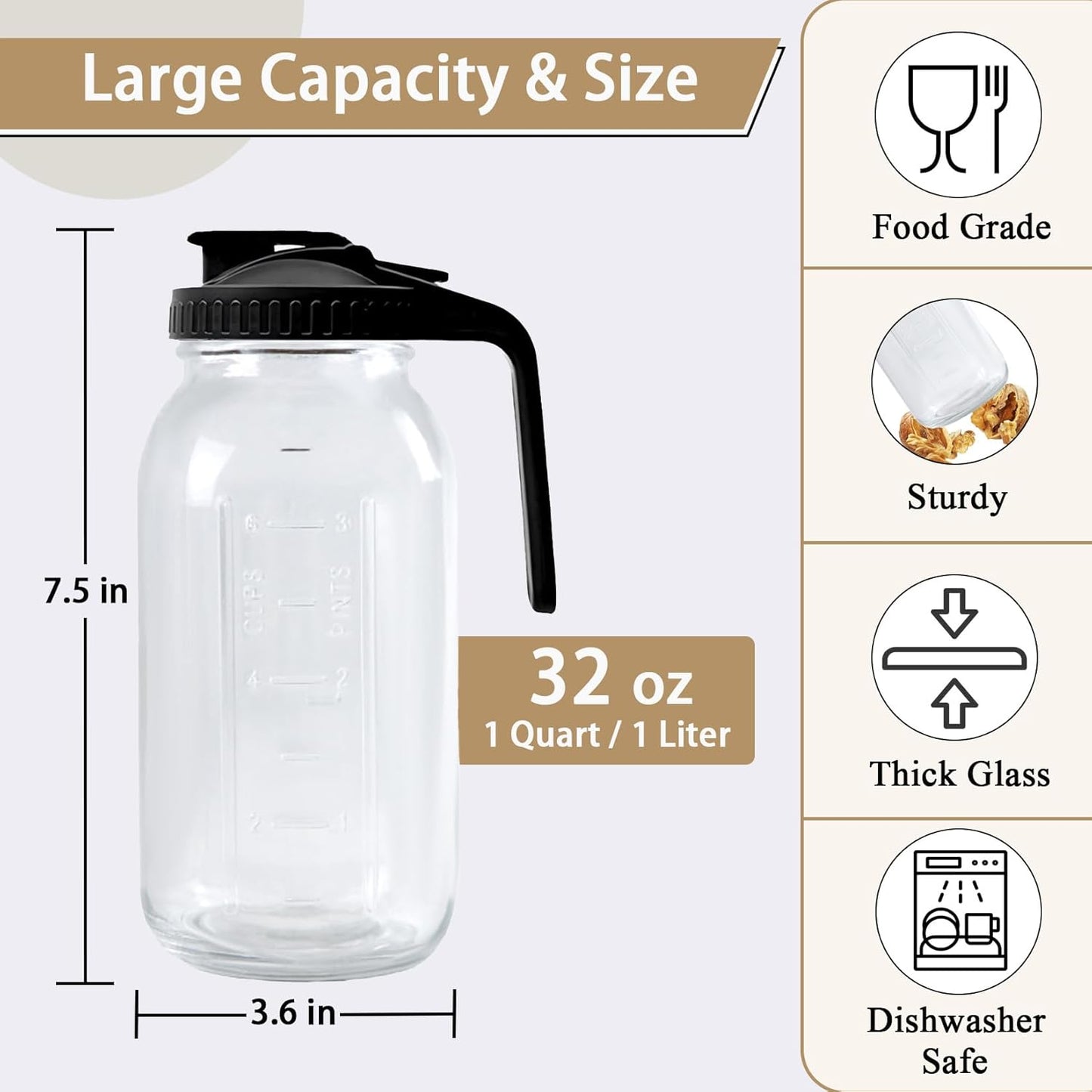 32oz Glass Pitcher Carafes With Handle and Lid, 1 Quart Mason Jar, Large Water Jug, Glass Containers for Fridge, Water Pitcher for Juice, Iced & Sun Tea, Cold Brew Coffee, Homemade Beverage