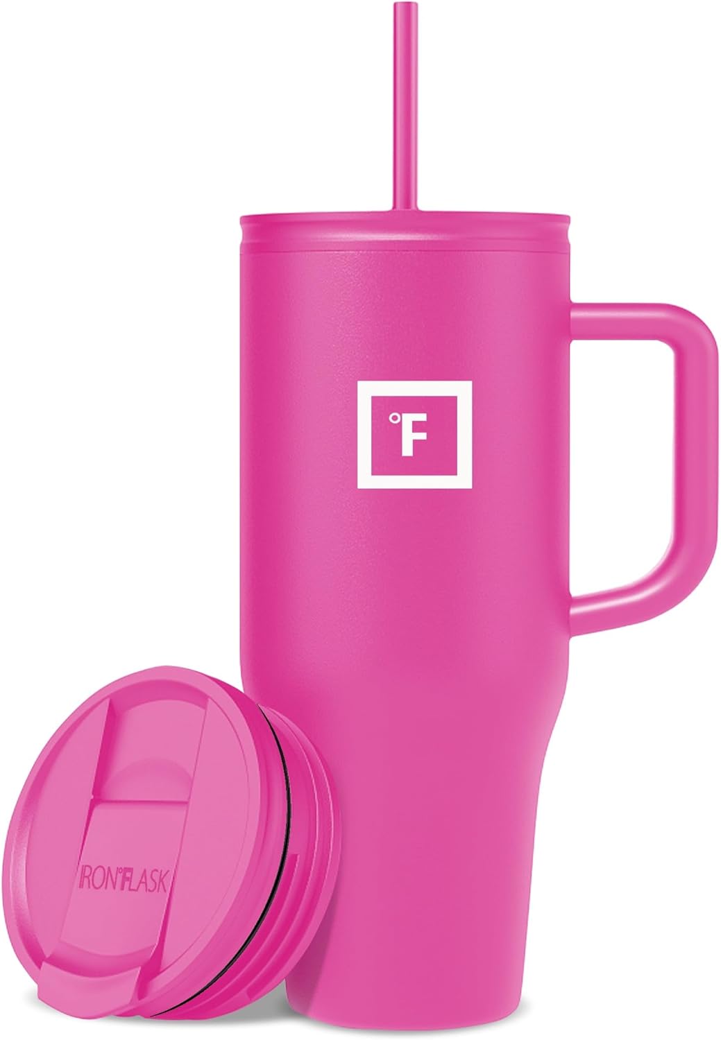 IRON °FLASK Co-Pilot Insulated Mug w/Straw & Flip Cap Lids - Cup Holder Bottle for Hot, Cold Drink - Leak-Proof - Water, Coffee Portable Travel Mug - Pink Tulip, 32 Oz
