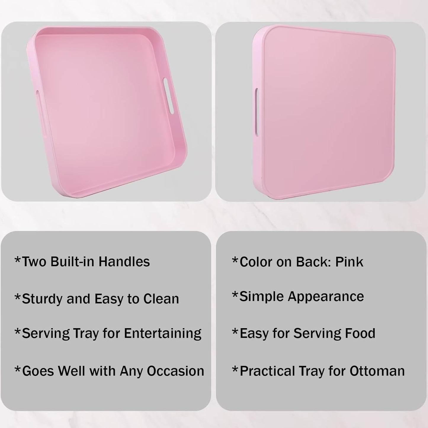 Square Pink Decorative Serving Tray with Handles, Versatile Ottoman Tray for Coffee Table, Entertaining, Outdoor Patio, Living Room, 13”*13”*1.6”