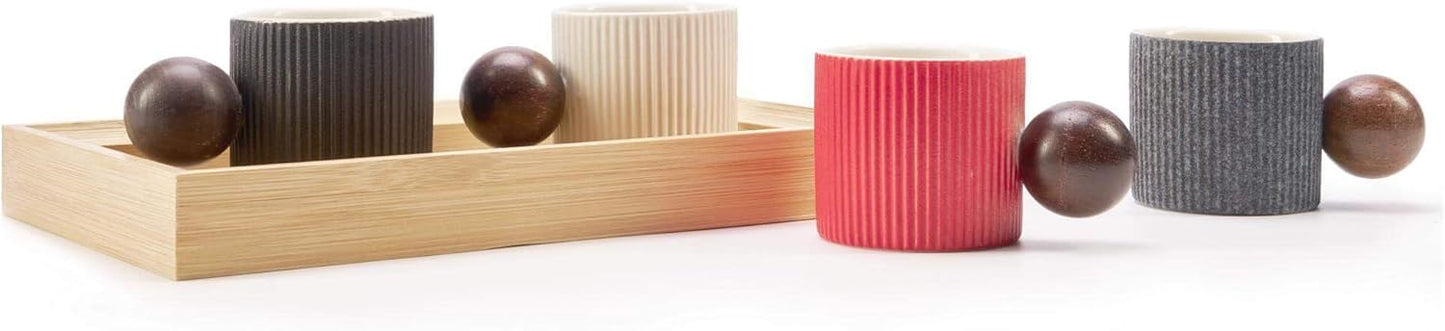 Ceramic Mini Espresso Cups Demitasse Cups with Round Wooden Handle Vertical Stripes Tea Cups (white, 2pcs)