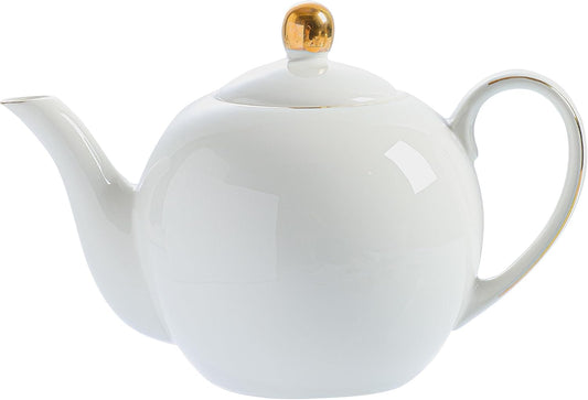 30oz White Porcelain Teapot, Classic design tea pot with Gold Trim, Beautiful white teapots for loose leaf tea and tea bags, Tea Party friendly