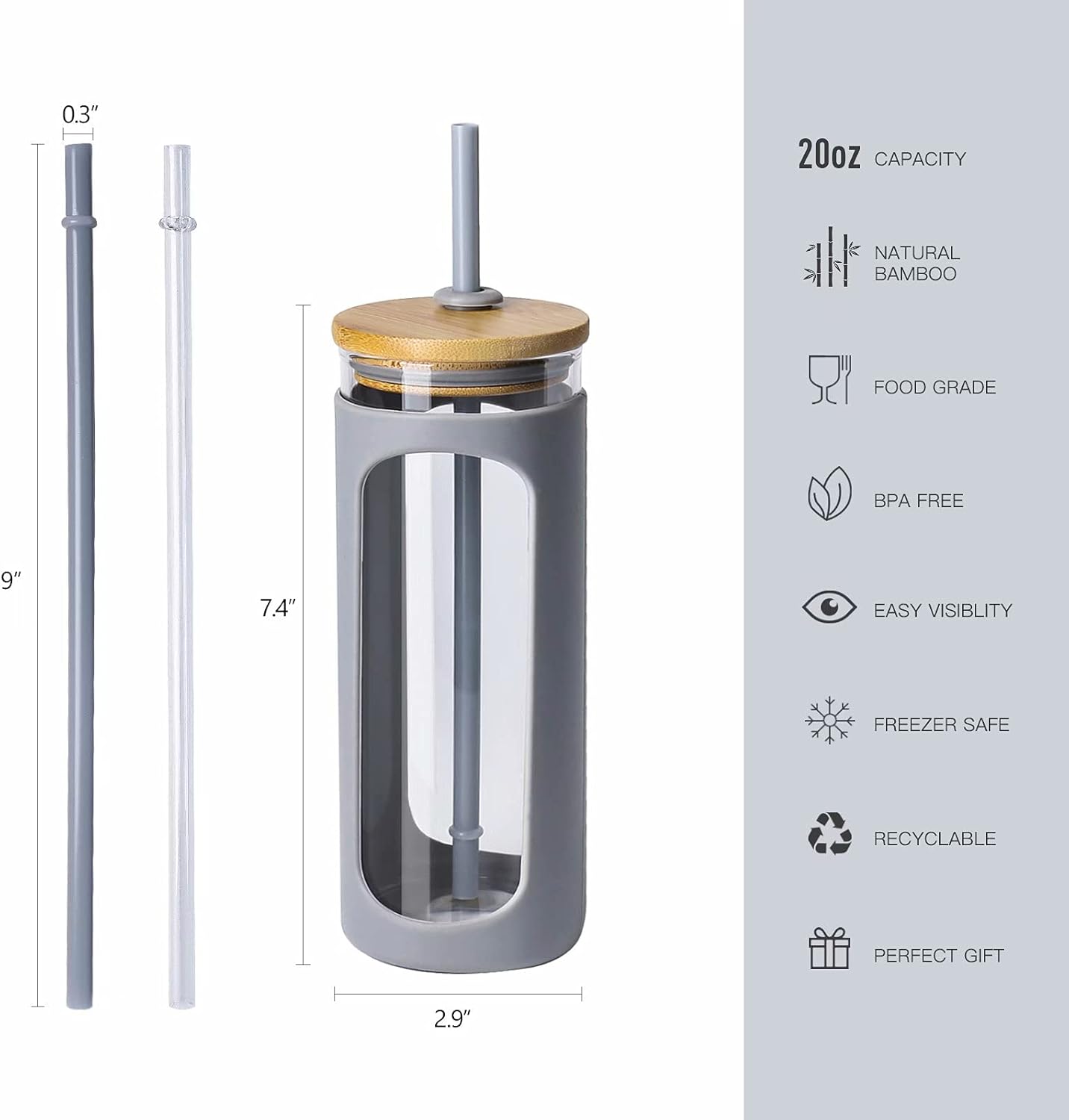 Kodrine 20oz Glass Water Tumbler with Straw and Lid, Bamboo Lids Water Bottle, Iced Coffee Cup Reusable, Wide Mouth Smoothie Cups with Protective Silicone Sleeve BPA FREE-Grey