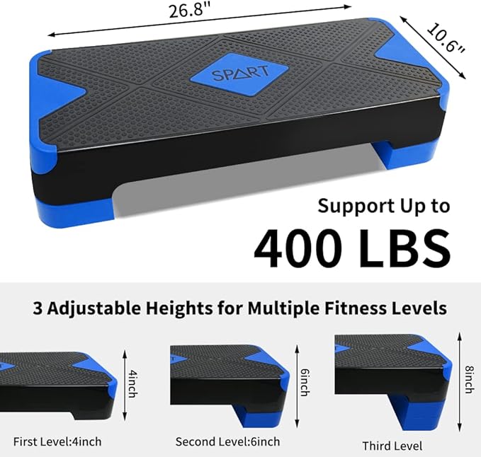 SPART Adjustable Workout Aerobic Stepper 4 Risers, 3 Levels 4" - 6" - 8", 26.77" 26.77" Trainer