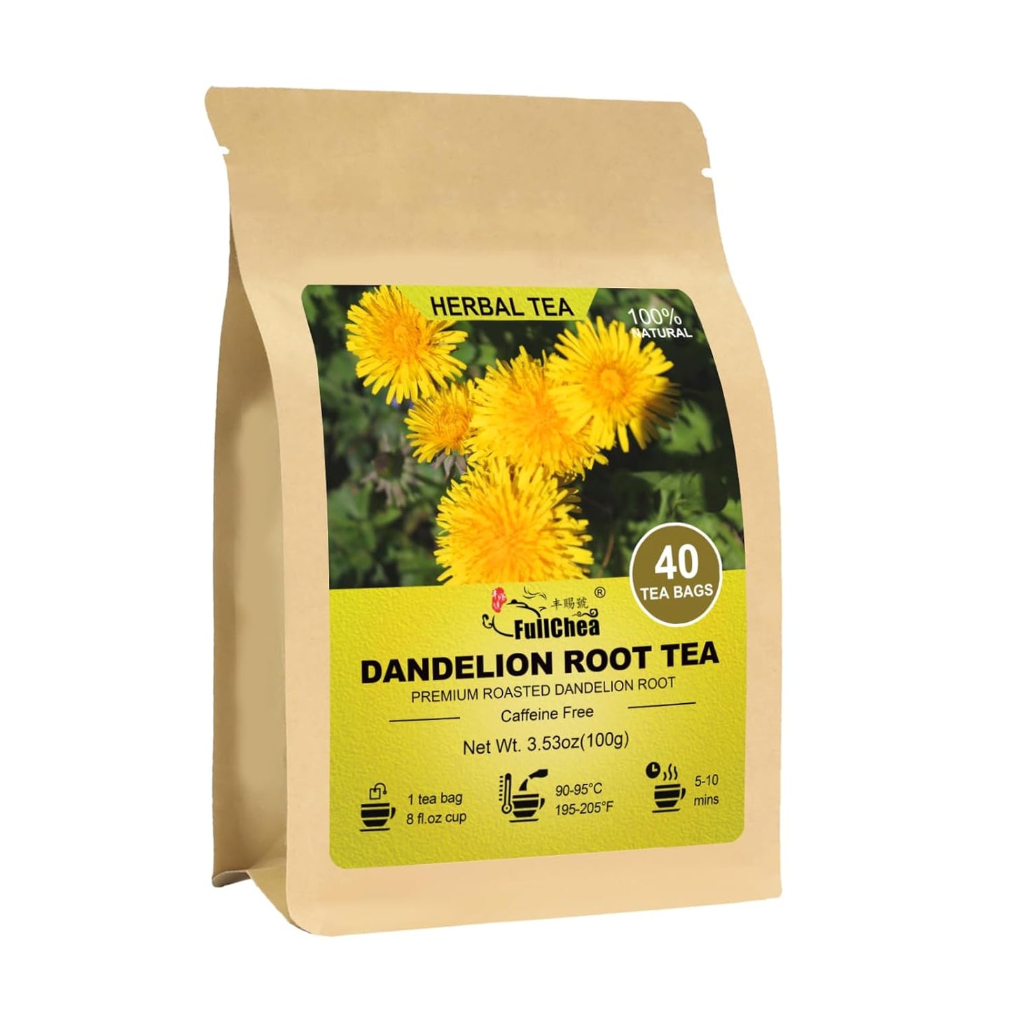 FullChea - Dandelion Root Tea Bags, 40 Teabags, 2.5g/bag - Premium Roasted Dandelion Root - Non-GMO - Caffeine-free - Detox Herbal Tea - Helps Improve Digestion & Immune System