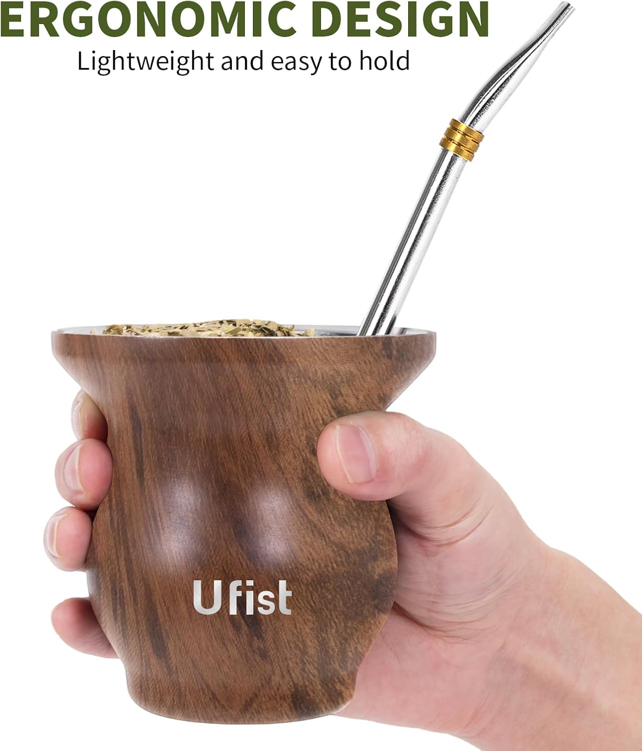 Yerba Mate Cup Set, Include Stainless Steel Double-Wall Mate Gourd with 2 Bombilla Straws and Cleaning Brush, 7.8oz Capacity (Wood Grain)