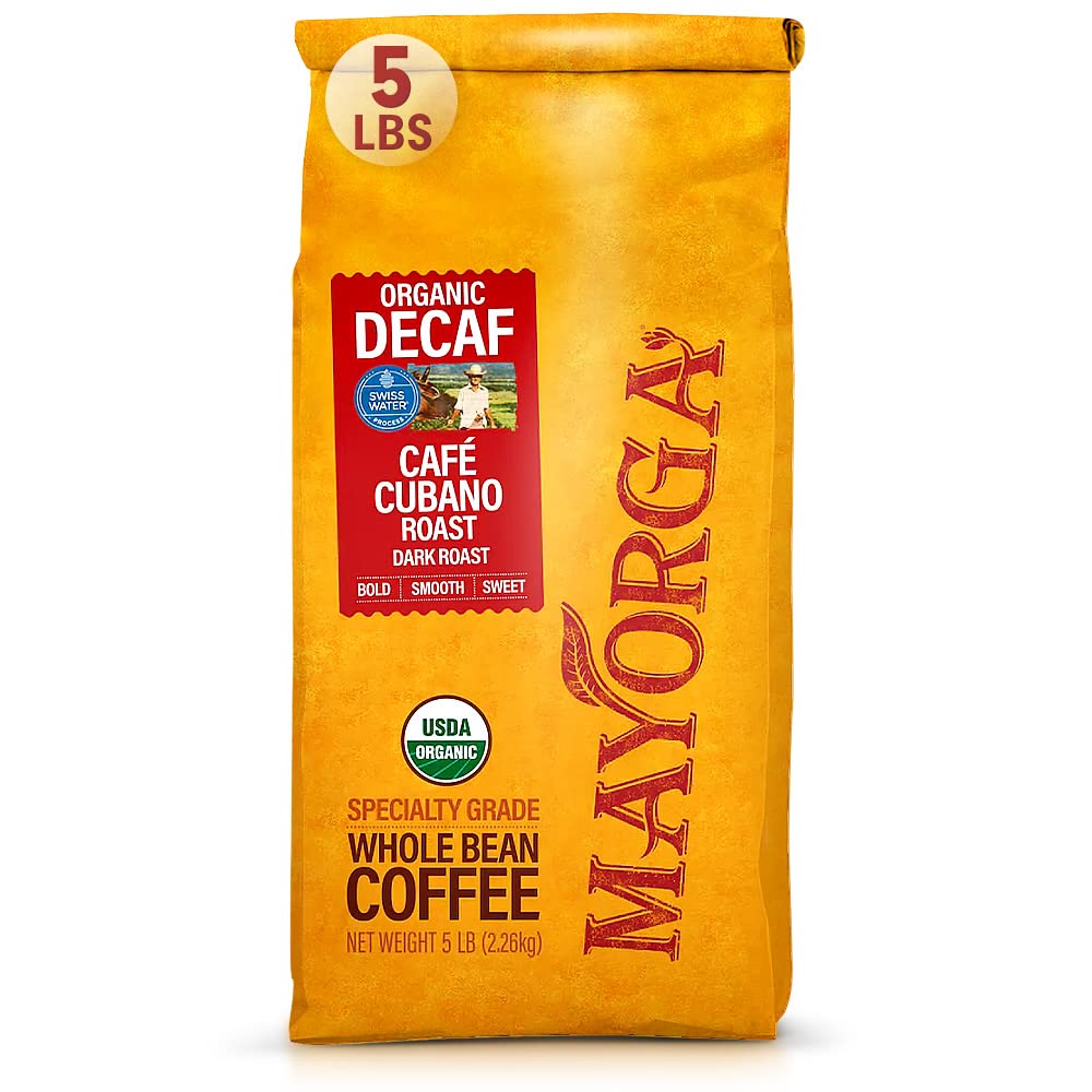 Mayorga Decaf Dark Roast 5lb Bag Cafe Swiss Water Decaffeinated Cubano Roast 100% Arabica Whole Coffee Beans - Smoothest Organic Coffee - Specialty Grade, Non-GMO, Direct Trade