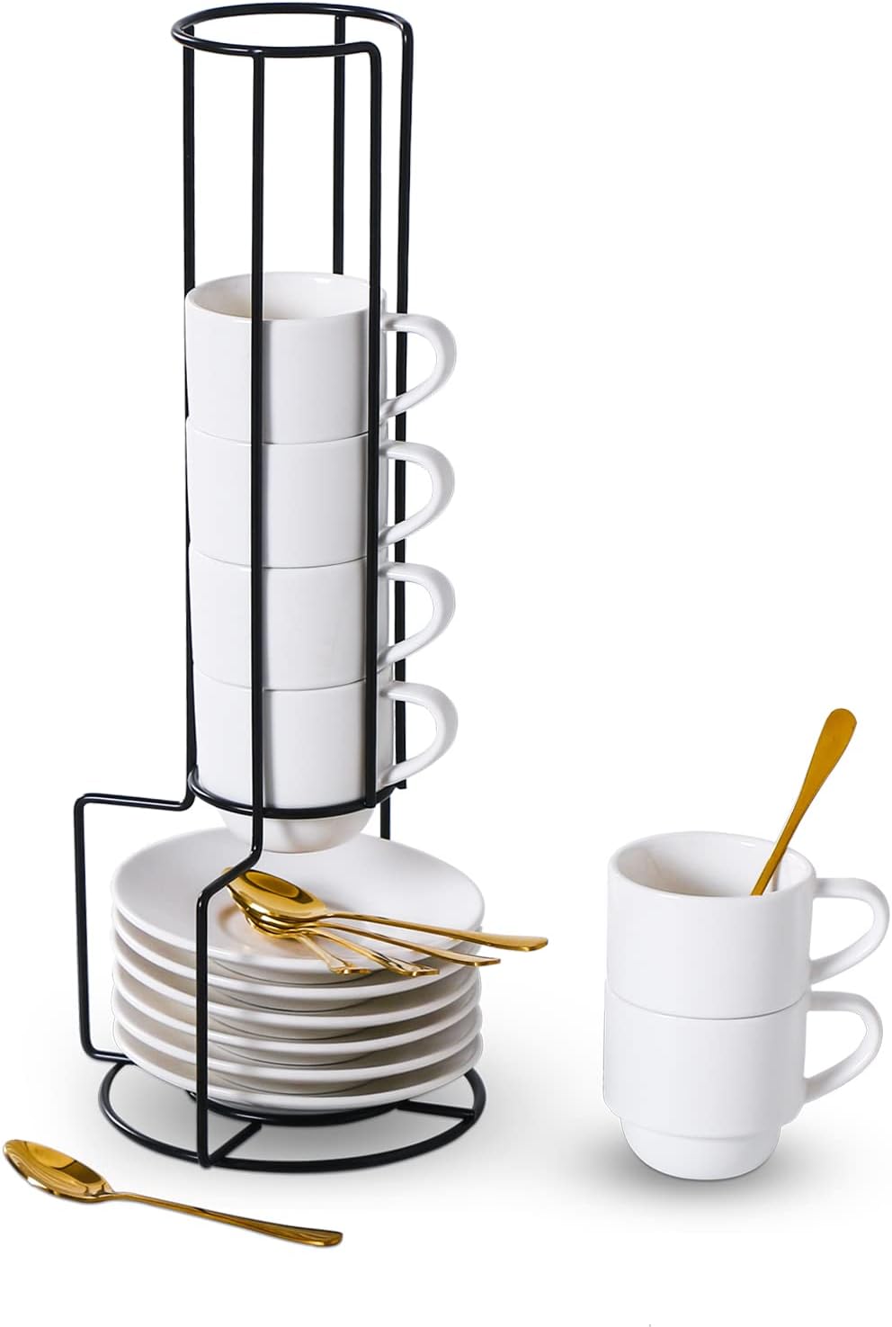 Lareina Porcelain Stackable Espresso Cups with Saucers, Spoons and Metal Stand, 3 Ounce Small Coffee Cups Set of 6 - Ceramic Demitasse Mugs, White