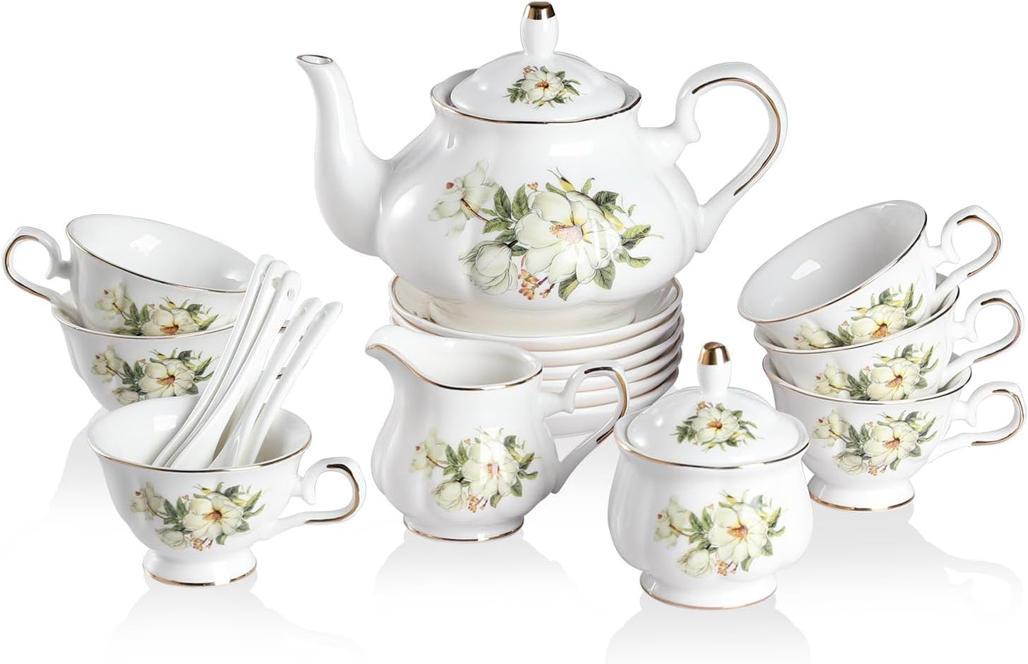 Sweejar Porcelain Tea Sets, Vintage British Floral Relief Gold Rimmed Teapot Cup and Saucer Set, Tea Set Service for 6, with Teapot, Sugar Bowl, Milk Jug, Spoons, Tea Cup and Saucer (Camellia)