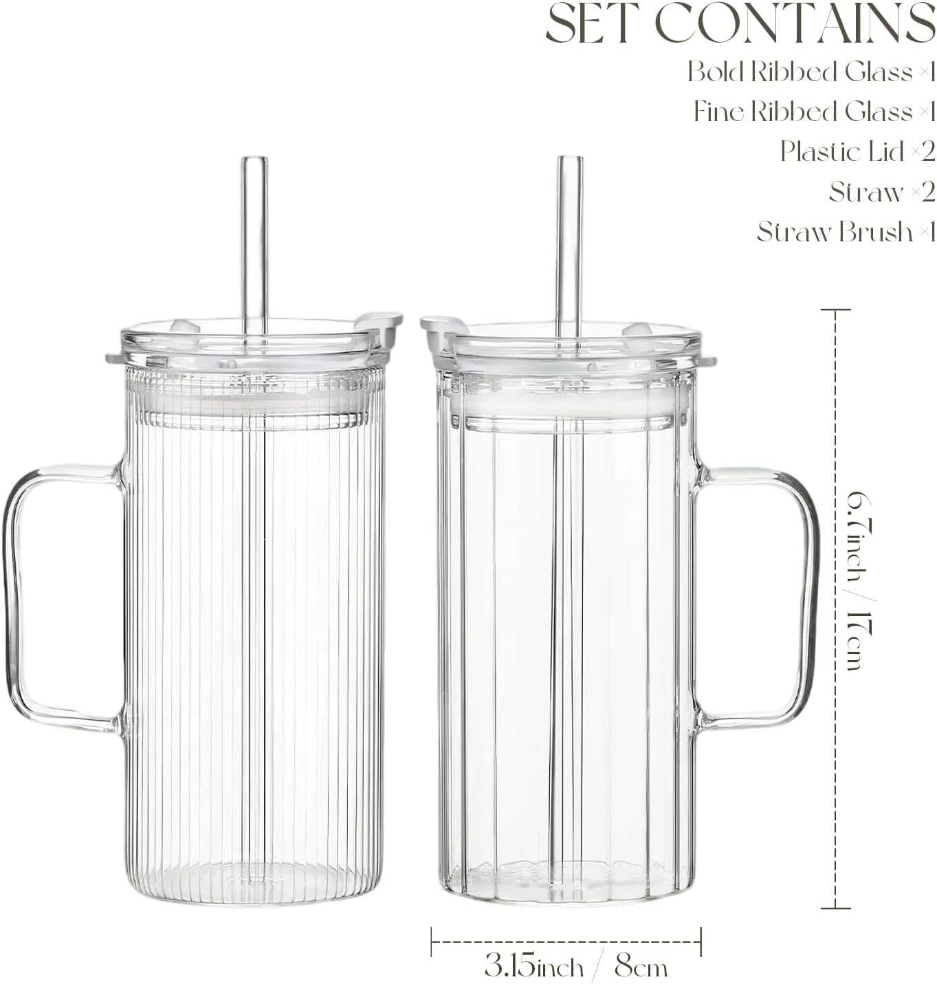 KEMORELA 2PCS Glass Tumbler with Lid and Straw - 24oz Ribbed Drinking Cups with Straw & Lid, Iced Coffee Cups - Reusable Glass Tumblers for Tea, Juice, Bubble Tea