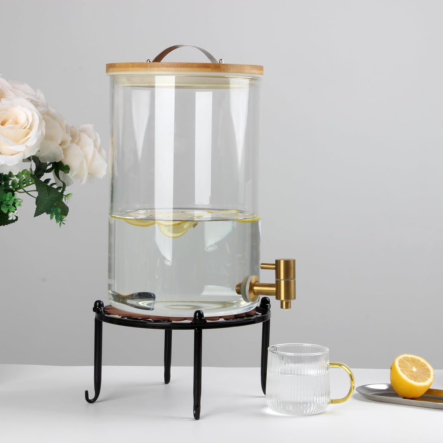 Heavy-duty Metal Beverage Drink Dispensers Stand, Drinking Crock Cold Water Glass Container Holder, Countertop Rack Base for Juice Lemonade Dispenser Mason Jar, Max Diameter 8", Black