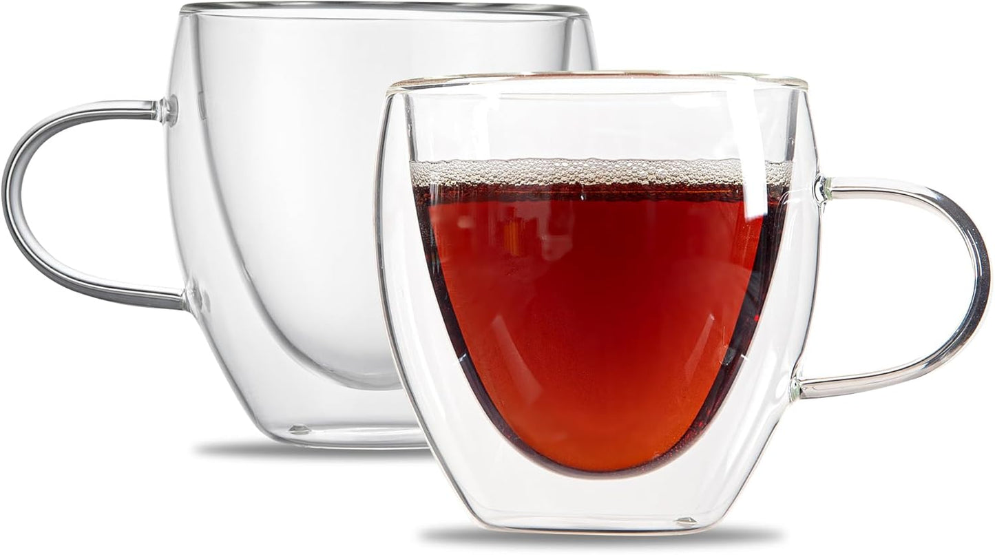 Restaurantware-Forma Professional 5.1 Ounce Glass Coffee Cups, 12 Insulated Coffee Cups With Handle - Dishwashable, Reusable, Clear Double Wall Beverage Tumblers, Freezable, For Hot Or Cold Beverages