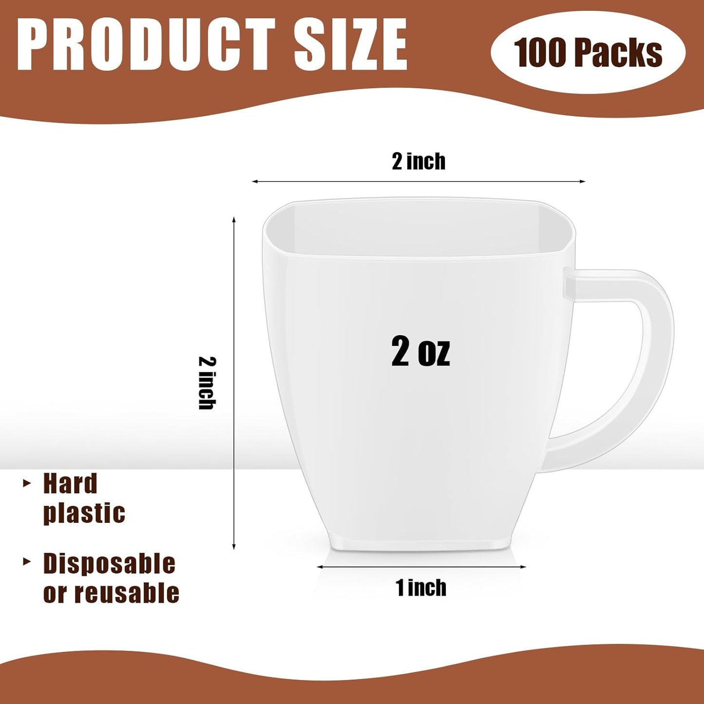 Amyhill 100 Pcs Disposable Tea Cups Mini Plastic Tea Cup Bulk with Handle Hard Plastic Coffee Mug Disposable Square Espresso Mug for Party Catering (White)