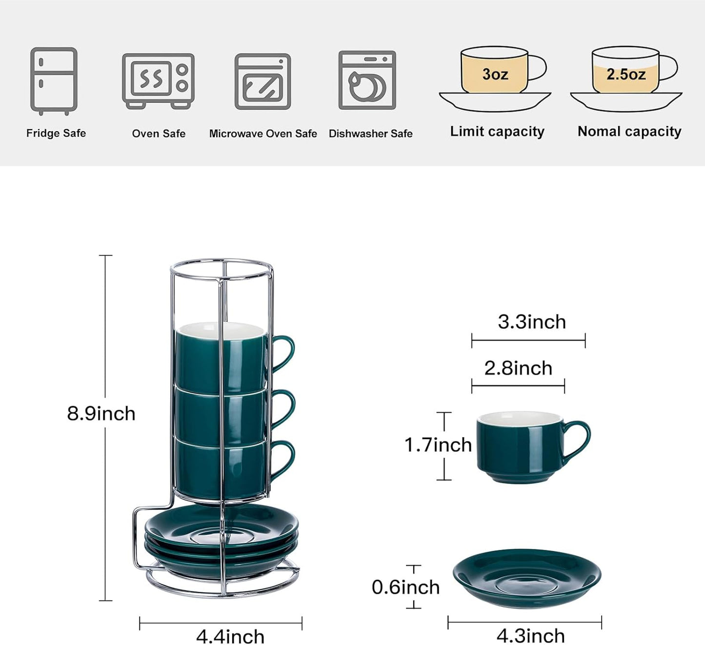 2.5 Ounce Porcelain Espresso Cups with Saucers and Silver Stand, Blackish Green Stackable Cups Set of 4