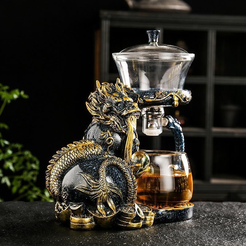 Glass Teapot Set with Infuser Semi Automatic Dragon Tea Set with 6 Small Cups (Blue golden dragon)