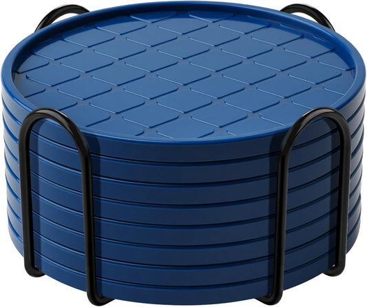 Coasters Set of 8,Hot or Cold Drink Coasters with Holder,Modern Style Coffee Table Coaster,Suitable for Kinds Cups Beer,Drink,Anti-Overflow Tabletop Protection (Navy Blue, 8pcs)