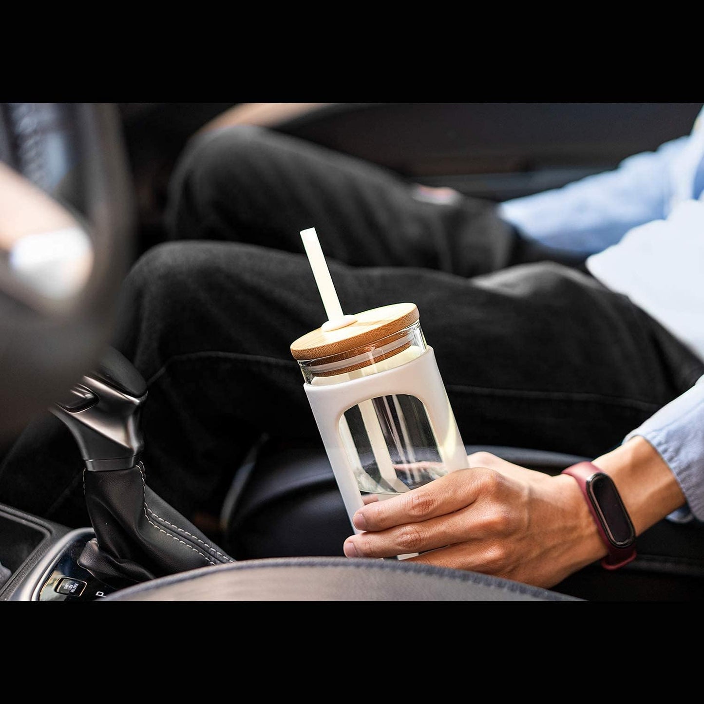 Kodrine 20oz Glass Water Tumbler with Straw and Lid, Bamboo Lids Water Bottle, Iced Coffee Cup Reusable, Wide Mouth Smoothie Cups with Protective Silicone Sleeve BPA FREE-White