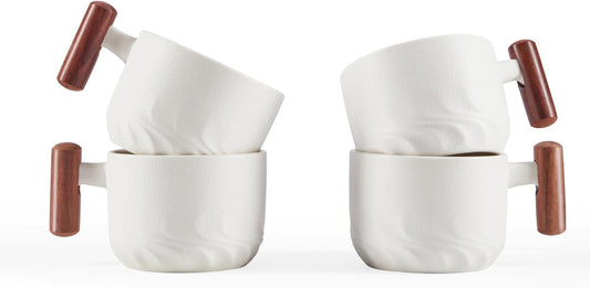 6oz Ceramic Espresso Cups with Wooden Handle, Small Coffee Cups for Latte Cappuccino, Tea Cups Set of 4