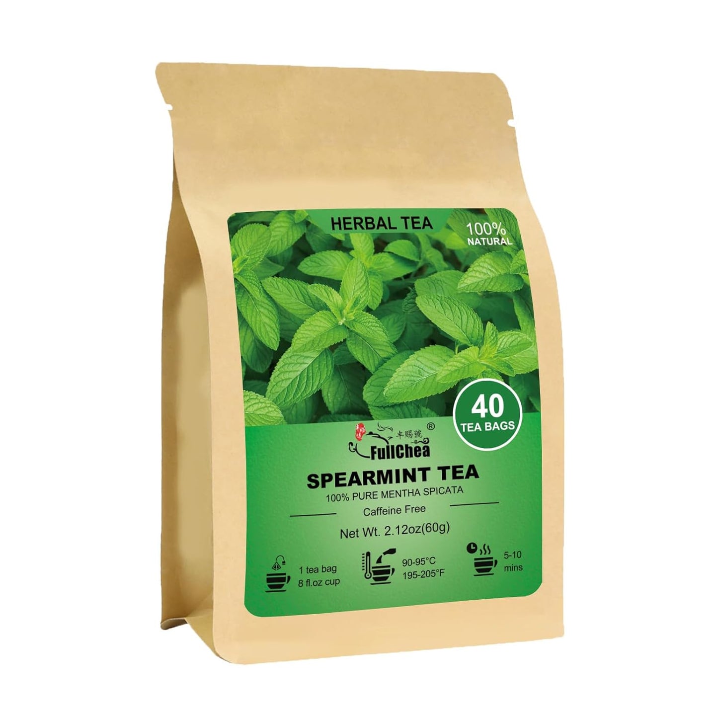FullChea - Spearmint Tea Bags, 40 Teabags, 1.5g/bag - Premium Spearmint Leaves - Non-GMO - Caffeine-free - High in Antioxidant & Support Digestion