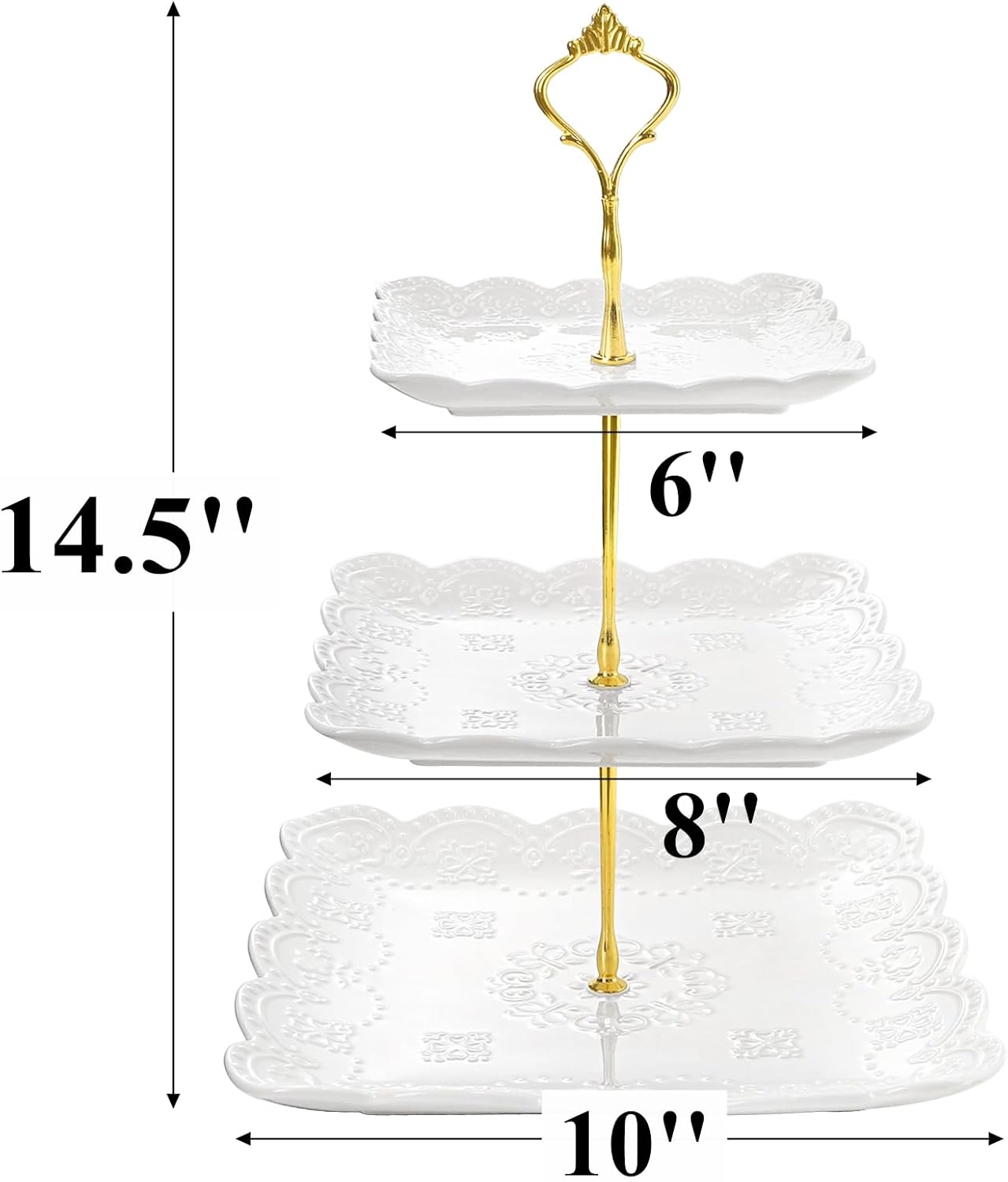 Tebery 2 Pack 3-Tier White Ceramic Embossed Dessert Cake Tower Stand with Gold Carry Handle, Cupcake Stand Serving Trays, Porcelain Party Food Server Display Holder