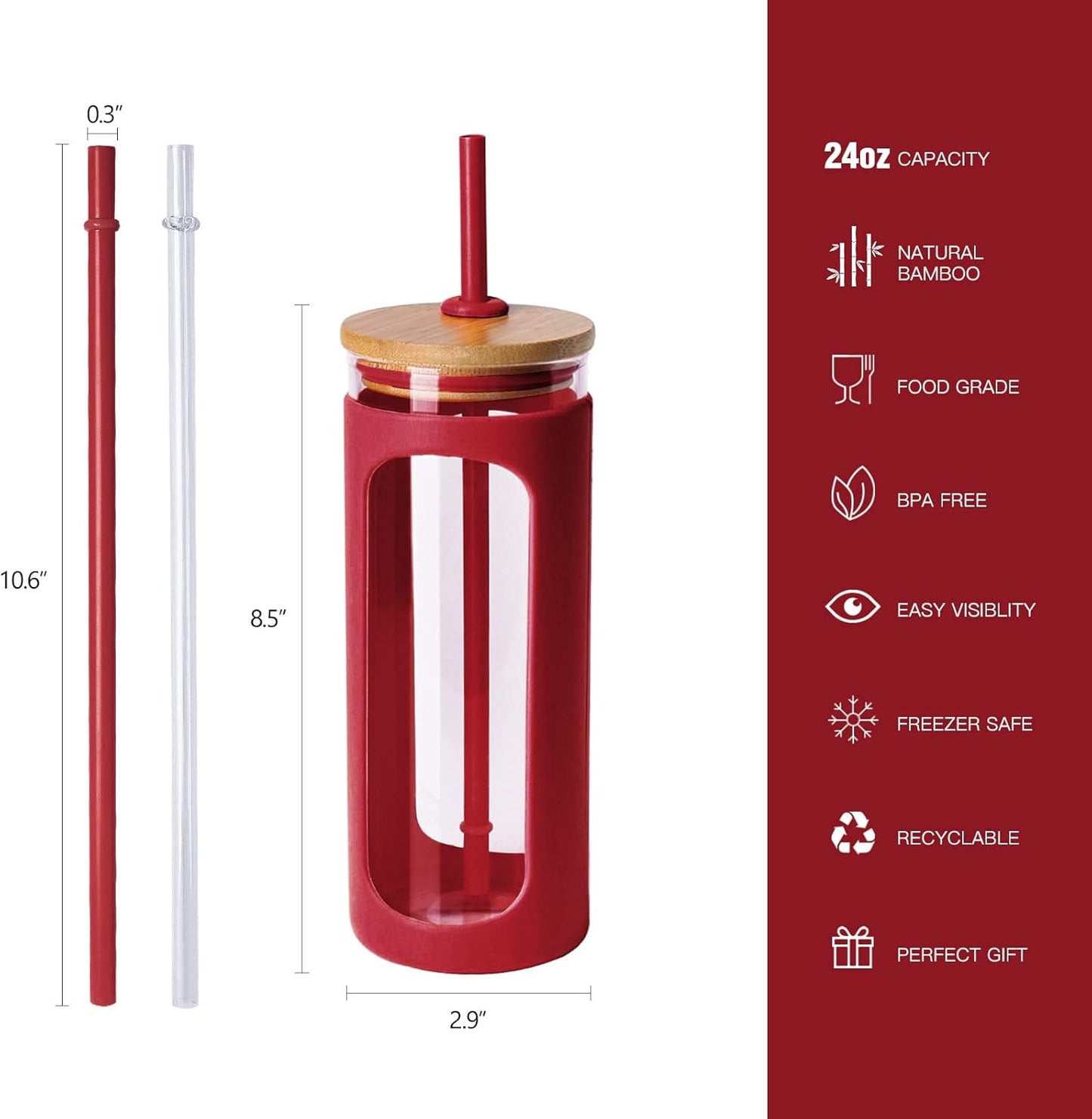Kodrine 20oz Glass Tumbler with Straw and Lid, Iced Coffee Cups with Bamboo Lids, Glass Cups for Cold Drinks, Smoothie Cup with Silicone Sleeve for Travel, Work, BPA FREE-Barbados Cherry