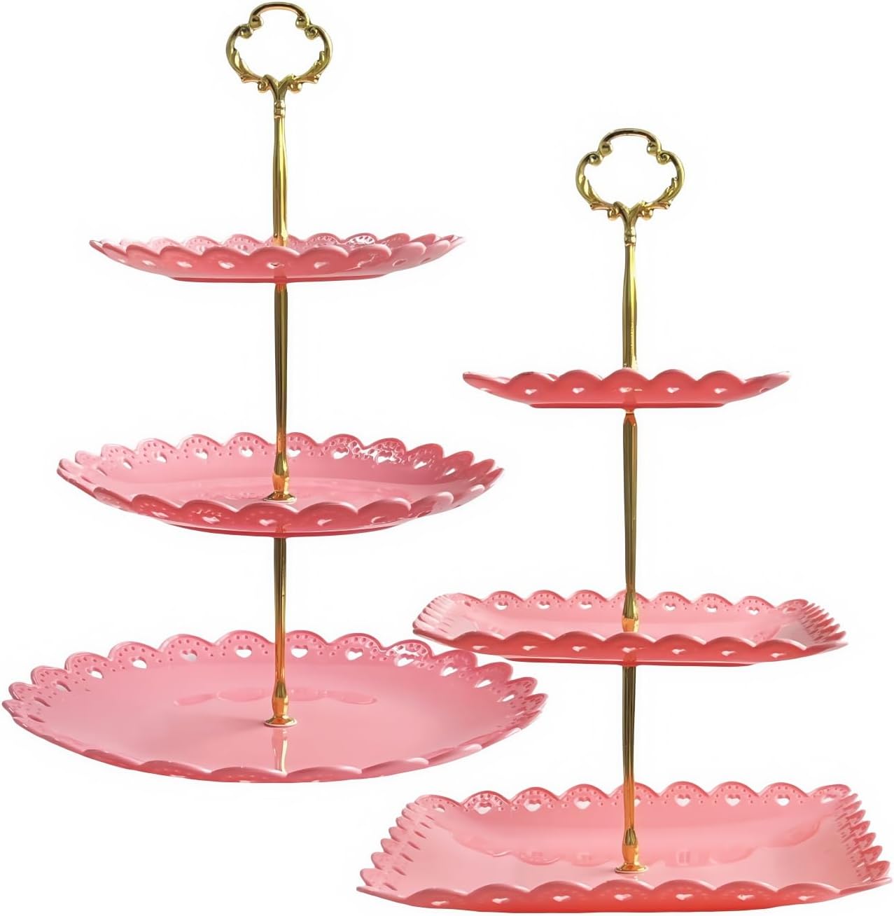 RAUVOLFIA 2 Pack of Plastic Round & Square Dessert Cupcake Stand, 3 Tier Cup Cake Holder Tower for Tea Party/Birthday/Wedding, Plastic Tiered Serving Tray (Pink)