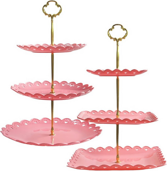 RAUVOLFIA 2 Pack of Plastic Round & Square Dessert Cupcake Stand, 3 Tier Cup Cake Holder Tower for Tea Party/Birthday/Wedding, Plastic Tiered Serving Tray (Pink)