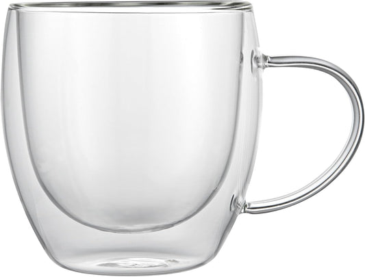 Restaurantware-Forma Professional 8.5 Ounce Glass Coffee Cups, 12 Insulated Coffee Cups With Handle - Dishwashable, Reusable, Clear Double Wall Beverage Tumblers, Freezable, For Hot Or Cold Beverages