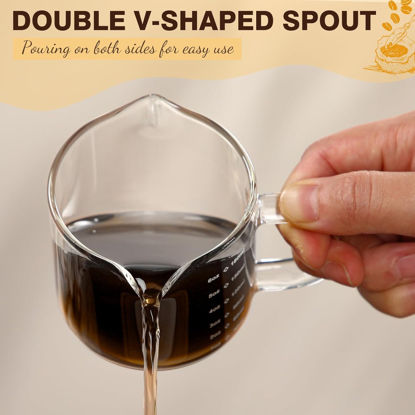 Patelai Espresso Cups Set of 2, 180ml/6oz Coffee Cups with Double Spouts & Handle, Scales Espresso Shot Glass for Espresso Machines, Milk Frothing, and Coffee Bars Accessories